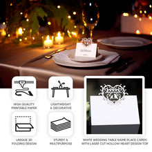 50 Pack White Wedding Table Name Place Cards with Laser Cut Hollow Heart Design Top