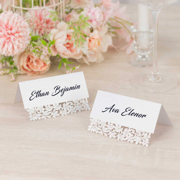 50 Pack White Wedding Table Name Place Cards with Laser Cut Leaf Vine Design, Printable Reservation Seating Tent Cards - 210 GSM