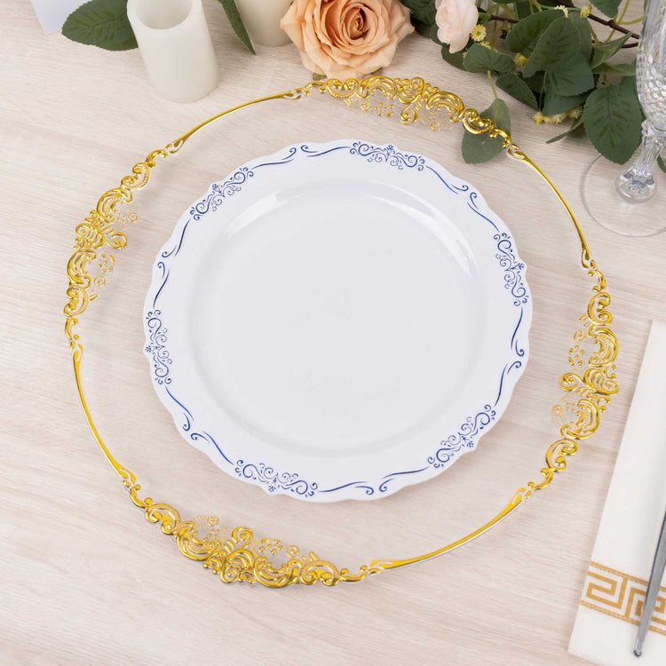 10 Pack White Blue Vintage Rim Hard Plastic Dinner Plates With Embossed Scalloped Edges