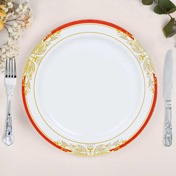 10 Pack White With Red Rim Plastic Dinner Plates, Round With Gold Vine Design 10"