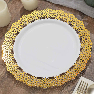 10 Pack White with Gold Lace Rim Plastic Dinner Party Plates, Disposable Lunch Plates 10"