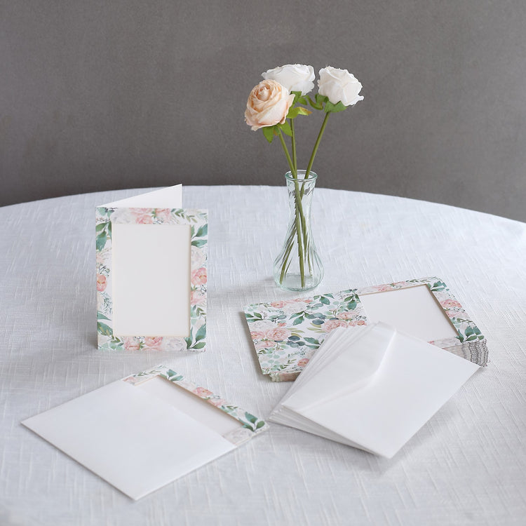 25 Pack White Pink Peony Floral Photo Frame Cards with Envelopes
