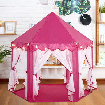 Pink Princess Castle Play House Tent with Star LED Garlands and Carry Bag 4.5Ft