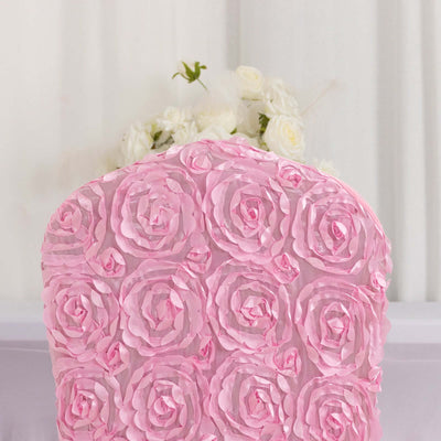 Pink rose-patterned chair cover, perfect for elegant events.