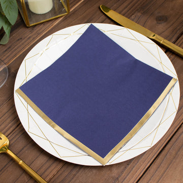 50 Pack | 2 Ply Soft Navy Blue With Gold Foil Edge Party Paper Napkins, Dinner Cocktail Beverage Napkins