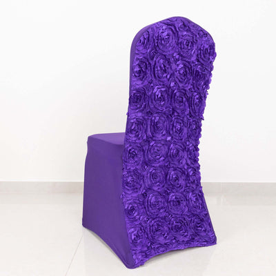 Purple floral chair cover with 3D rose detailing.