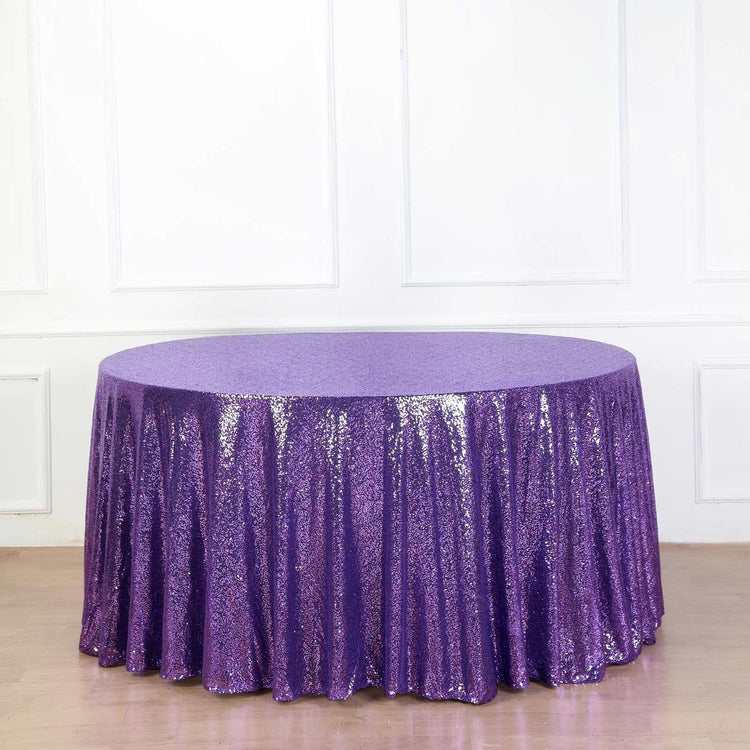 Purple Seamless Premium Sequin Round Tablecloth, Sparkly Tablecloth 132" for 6 Foot Table With Floor-Length Drop