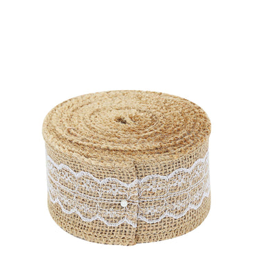 Jute ribbon roll with lace trim on a plain white background