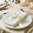 Elegant white dinner plate with ribbon-tied napkin on formal table setting