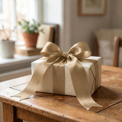 Elegant wrapped gift box with gold ribbon on wooden table