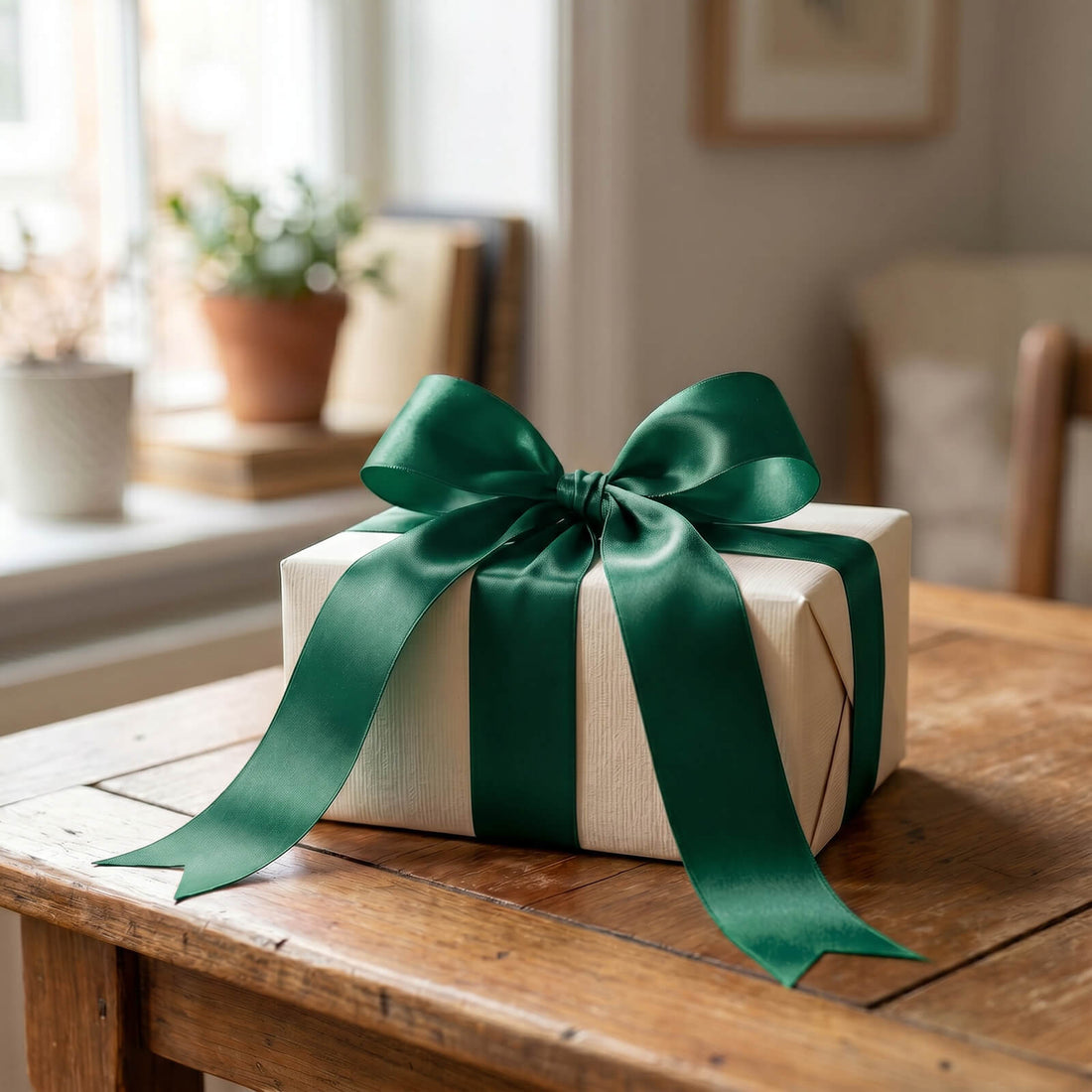 Gift box with green ribbon bow on wooden table in a cozy room