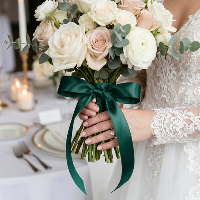Bride holding ivory and blush wedding bouquet with green satin ribbon