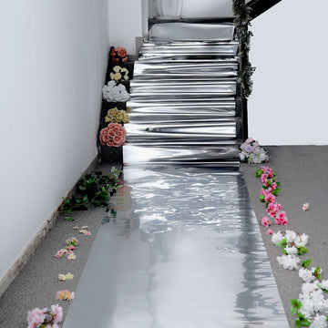 Add a Touch of Elegance with the Metallic Silver Glossy Mirrored Wedding Aisle Runner