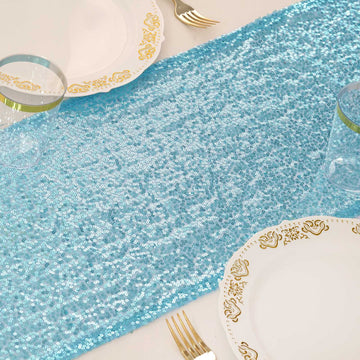 Create an Upscale Tablescape with our Serenity Blue Sequin Table Runner