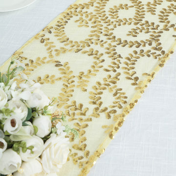 Create a Mesmerizing Table Setting with the Gold Leaf Vine Embroidered Sequin Mesh Like Table Runner