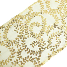 12x108inch Gold Leaf Vine Embroidered Sequin Mesh Like Table Runner#whtbkgd
