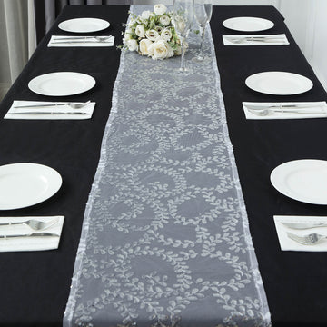 Silver Leaf Vine Embroidered Sequin Mesh Like Table Runner 12"x108"