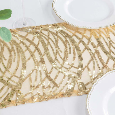Gold sequin table runner on a neutral background.