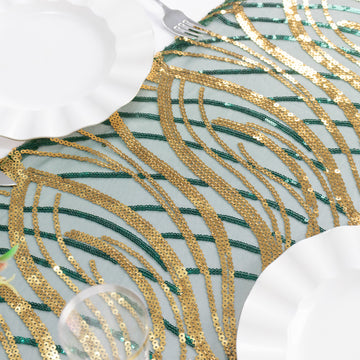 Transform Any Event with the Hunter Emerald Green Gold Wave Mesh Table Runner