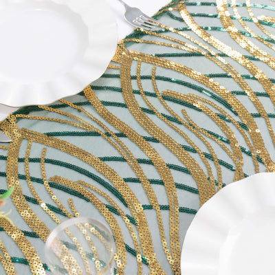 Gold and green sequined table runner on a white background.