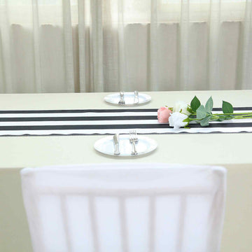 Elevate Your Event Decor with the Black and White Stripes Satin Table Runner