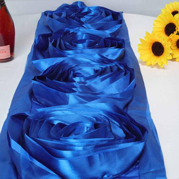 Enhance Your Table Decor with the Royal Blue Large Rosette Flower Premium Satin Table Runner