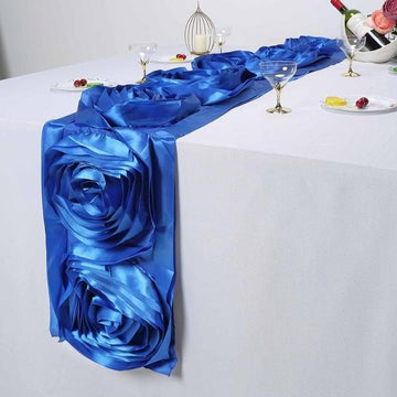 Add Elegance to Your Event with the Royal Blue Large Rosette Flower Premium Satin Table Runner