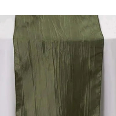 Olive green textured table runner on a plain backdrop