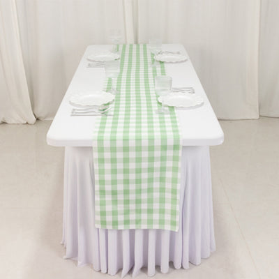 Green and white checkered table runner on a dining table.