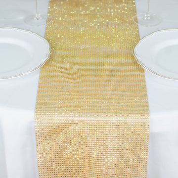 Elevate Your Event with the Shiny Gold Crystal Rhinestone Table Runner