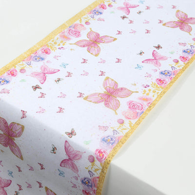 Floral butterfly table runner with pink roses and gold trim