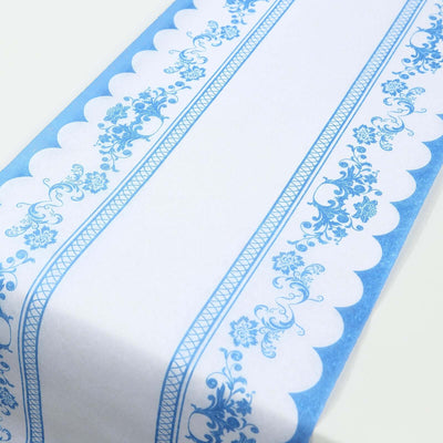 Blue floral patterned table runner on a white background