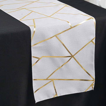 White / Gold Foil Geometric Pattern Polyester Table Runner 9ft