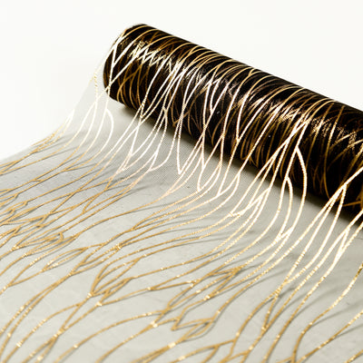 Gold patterned fabric roll on a white background.