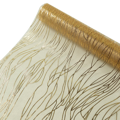 Gold patterned fabric roll with elegant design and sheen.