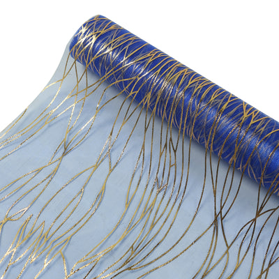 Blue and gold patterned fabric roll on a white background