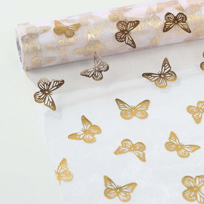 Gold butterfly patterned tulle fabric roll on a white background.