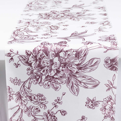 White floral fabric with burgundy line art flower pattern