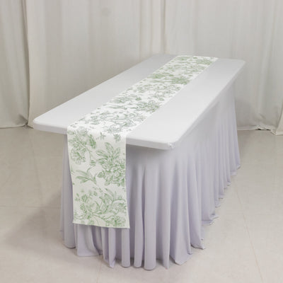 Floral table runner on a white tablecloth in a studio setting