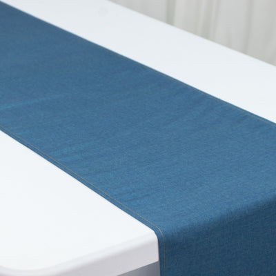 Blue table runner on a white table surface