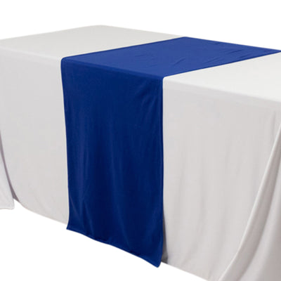 Navy blue table runner on a white tablecloth