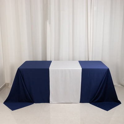 Navy and white tablecloth on a table