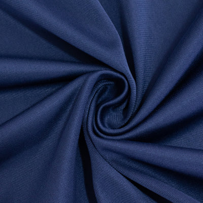 Navy blue fabric swirl showcasing smooth texture and quality.