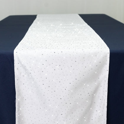 Scuba Table Runner with Rhinestone Accents - White 12"x108" Wrinkle-Free Table Linen