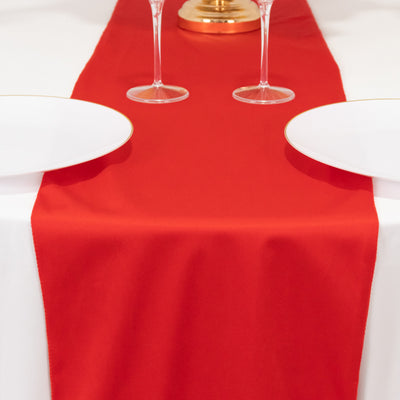 Red table runner on a white table with two plates and wine glasses.