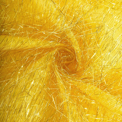Yellow metallic tulle fabric with shimmering strands, ideal for crafts and decorations.