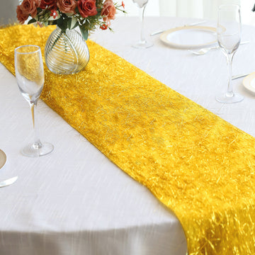 Elevate Your Event Decor with a Radiant Gold Metallic Fringe Shag Tinsel Table Runner