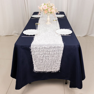 Elevate Your Event with the White Fringe Shag Polyester Table Runner