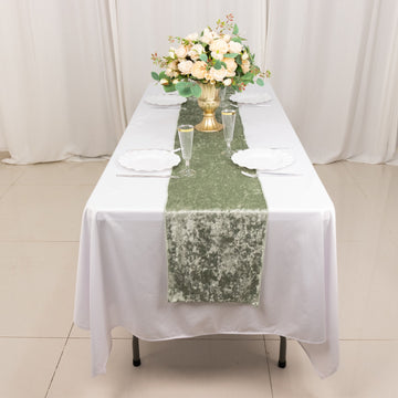 Experience Timeless Luxury with the Sage Green Premium Crushed Velvet Table Runner