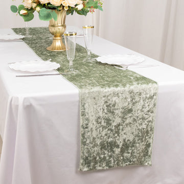 Elevate Your Table with the Sage Green Premium Crushed Velvet Table Runner